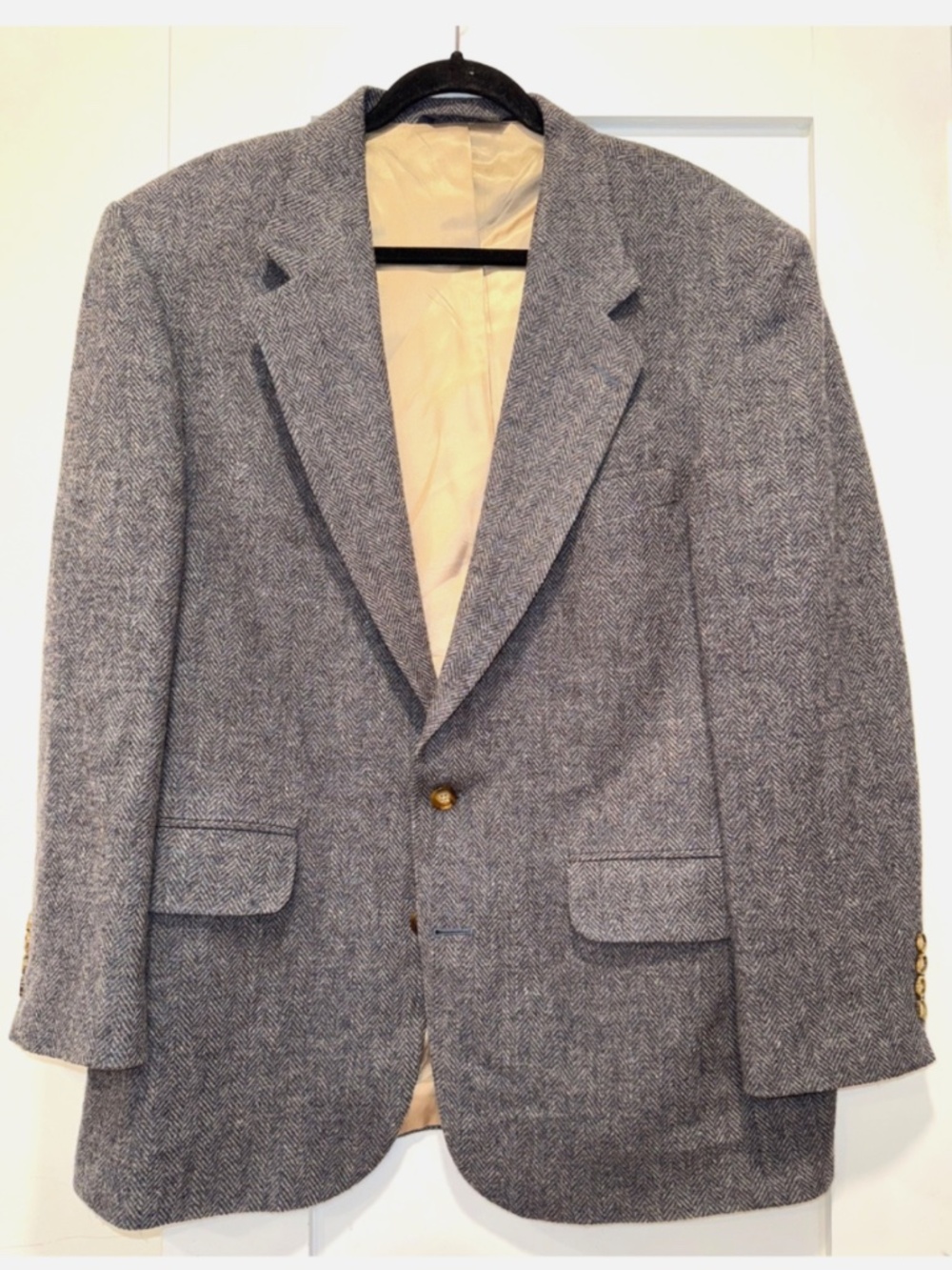 Lands End Blazer Mens 42R Tweed 2 Button Gray Lambswool Herringbone Sport Coat